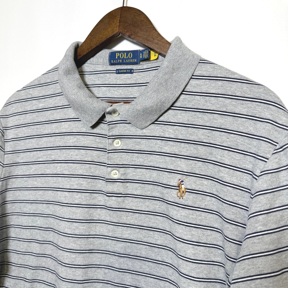 Polo Ralph Lauren Mens XL Classic Fit Gray Navy Striped Short Sleeve Polo Shirt